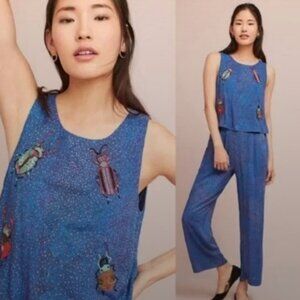 Anthropologie Embroidered Jumpsuit Conditions Apply Beaded Scarab Beetle
